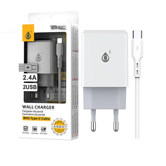 Carregador de Parede EU OnePlus A6201 com Cabo Tipo C 2USB 5V/2,4A Branco